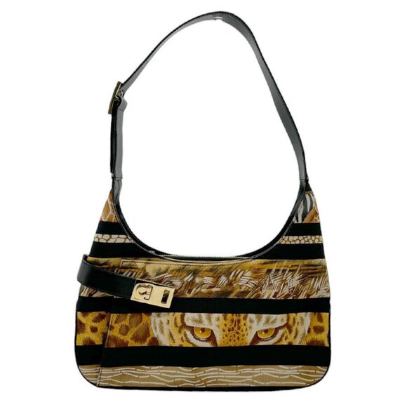 Authentic Salvatore Ferragamo Gancini Shoulder Bag Brown/Black Canvas/Leather